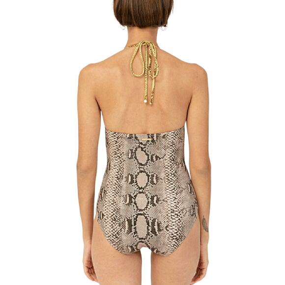 STELLA MCCARTNEY snakeskin snake print one piece halter swimsuit tan black Sz S - Picture 4 of 12